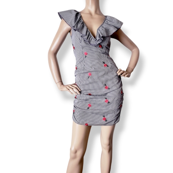 Petalo Black & White Gingham & Floral Print Ruffled Neckline Dress - Picture 9 of 9